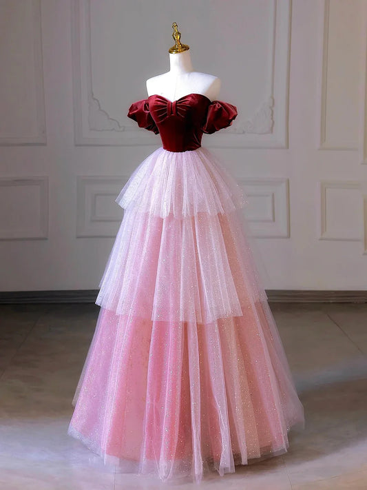 Burgundy Velvet and Layers Tulle Long Prom Dress, Off the Shoulder A-Line Evening Party Dress TP222