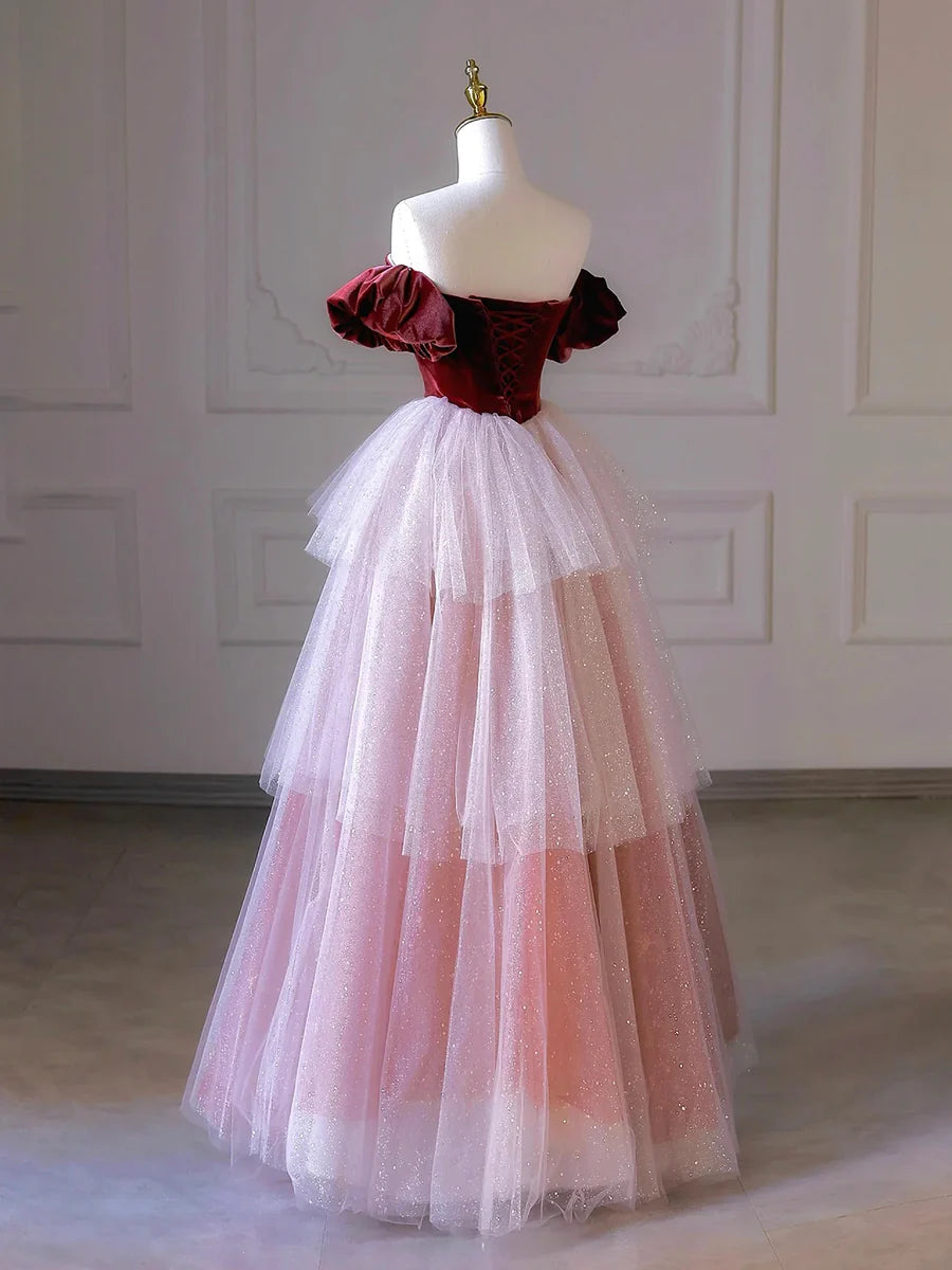 Burgundy Velvet and Layers Tulle Long Prom Dress, Off the Shoulder A-Line Evening Party Dress TP222