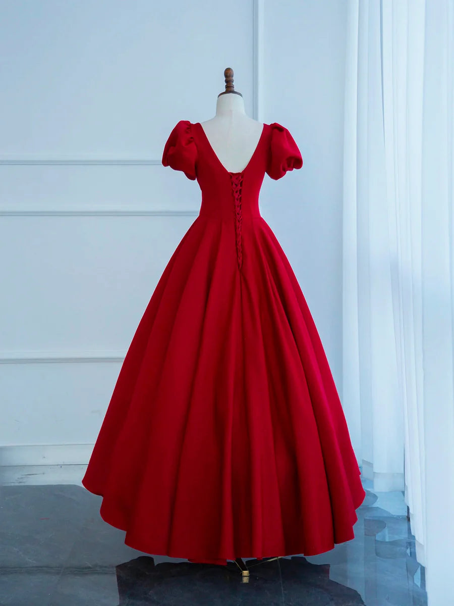 Dark Red Satin Long Prom Dress, A-Line Short Sleeve Evening Party Dress TP226