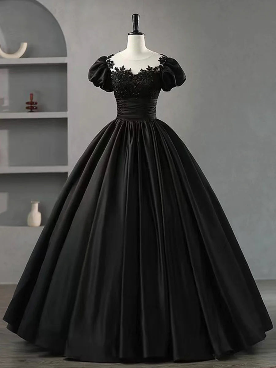 Black Scoop Neckline Satin Lace Long Prom Dress, A-Line Short Sleeve Party Dress TP235