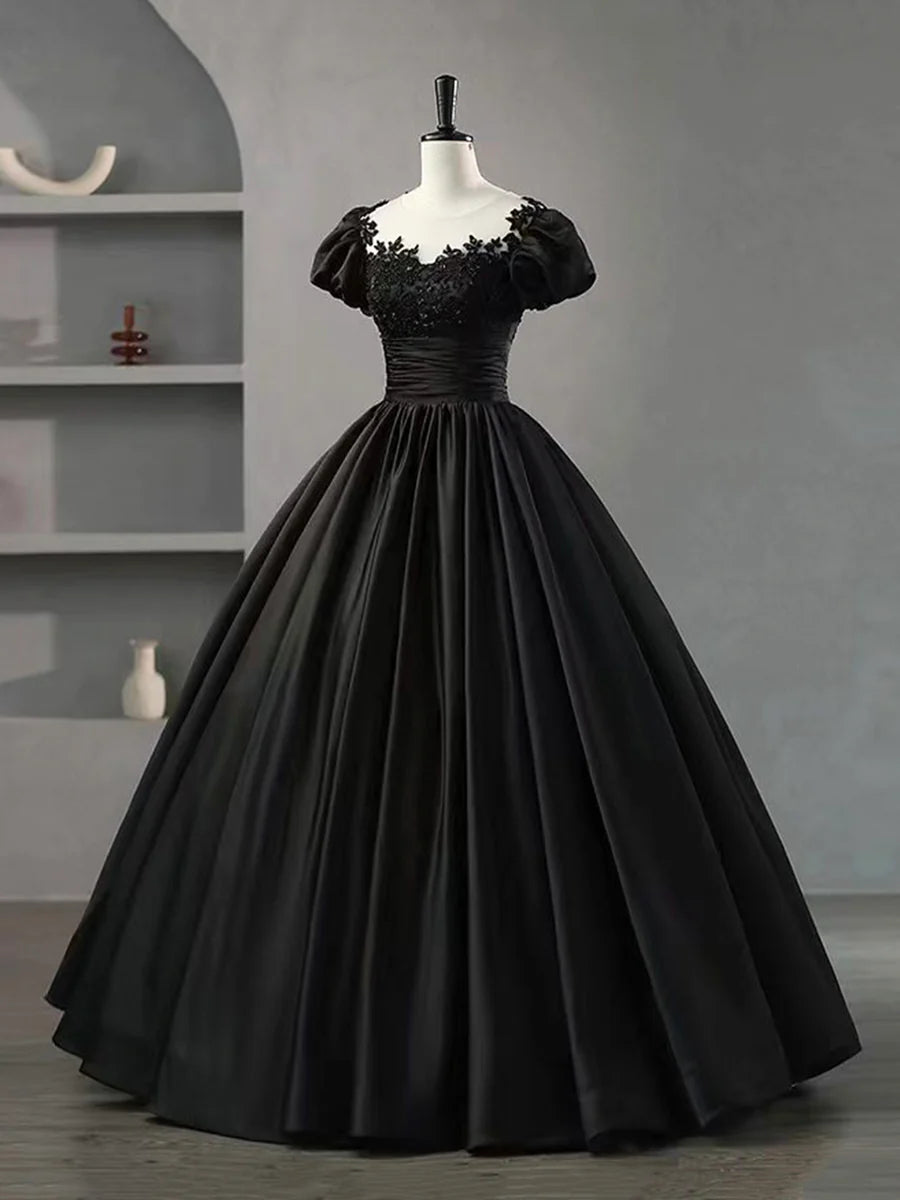 Black Scoop Neckline Satin Lace Long Prom Dress, A-Line Short Sleeve Party Dress TP235