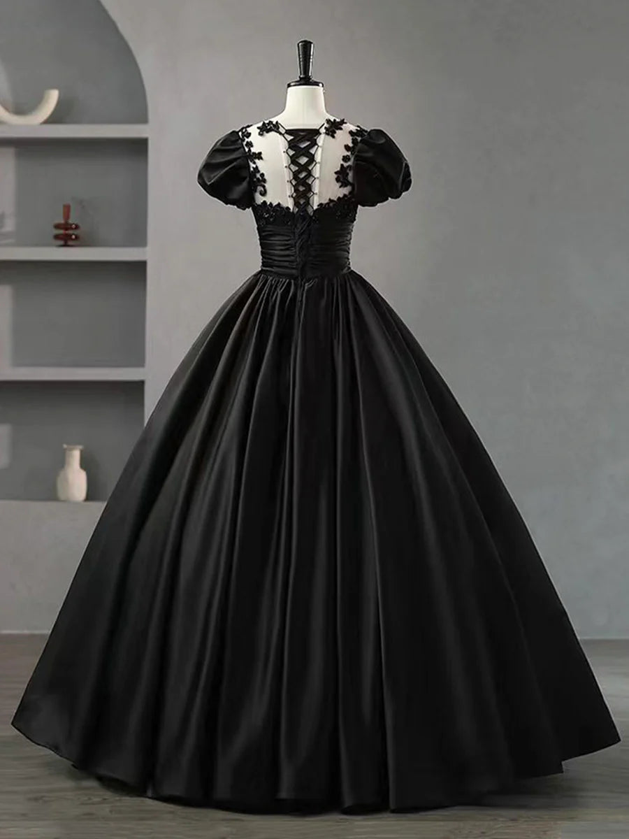 Black Scoop Neckline Satin Lace Long Prom Dress, A-Line Short Sleeve Party Dress TP235