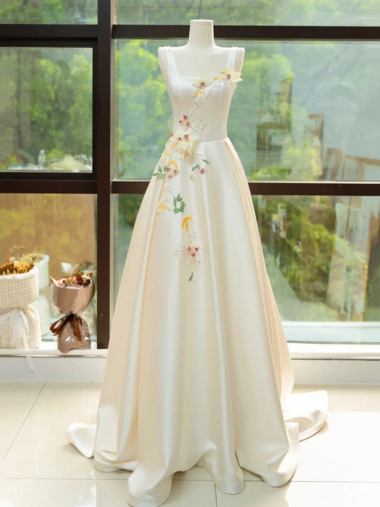 Elegant Satin Floor Length Formal Dress with 3D Flowers, Light Champagne A-Line Evening Party Dress TP238