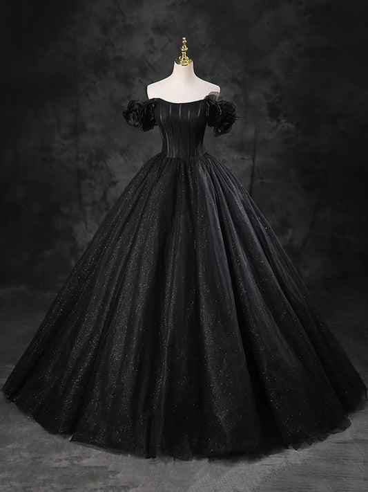 Black Sparkly Tulle Off the Shoulder Long Formal Dress, Elegant A-Line Black Evening Party Dress TP241