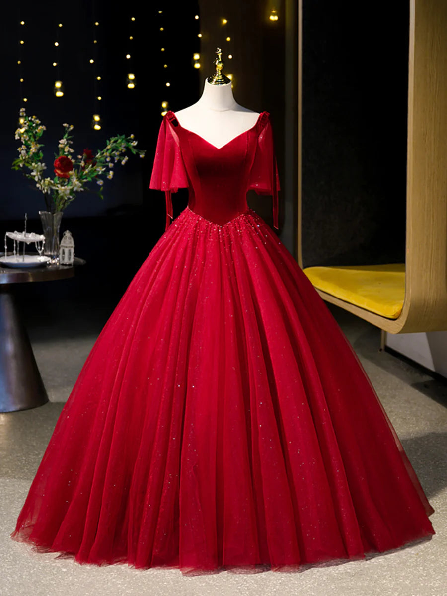 Burgundy Velvet Tulle Floor Length Formal Dress, Burgundy A-Line Evening Party Dress TP243