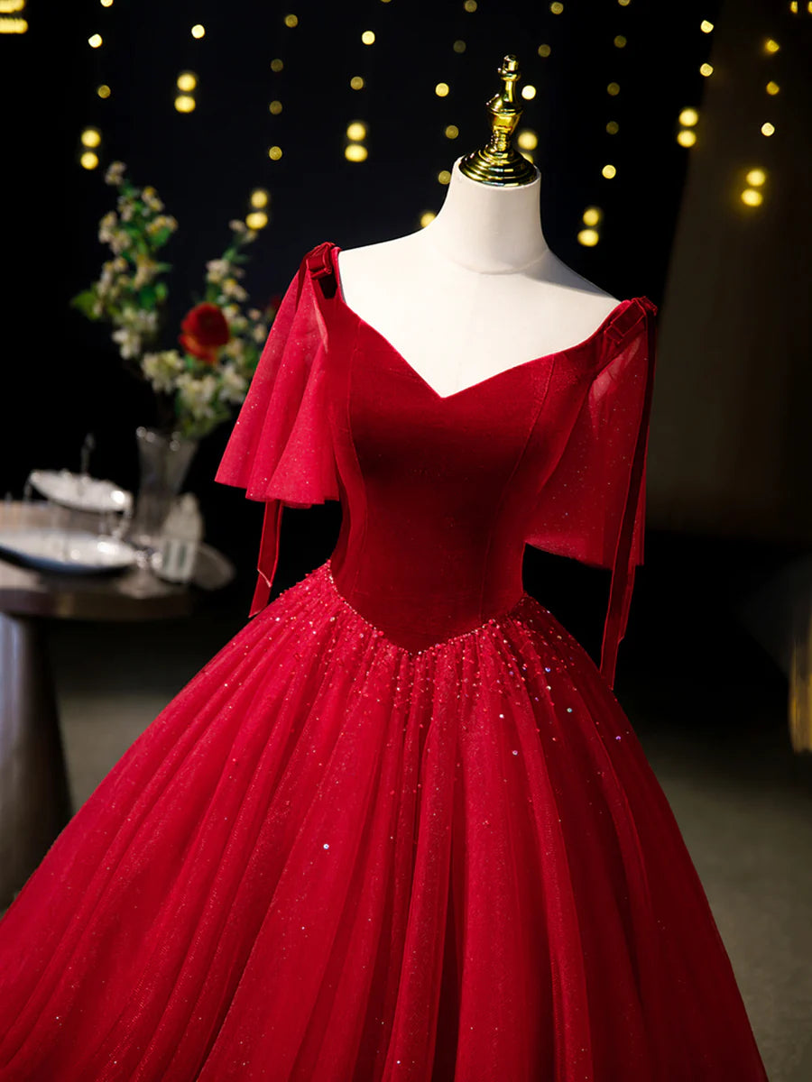 Burgundy Velvet Tulle Floor Length Formal Dress, Burgundy A-Line Evening Party Dress TP243