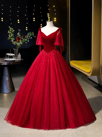 Burgundy Velvet Tulle Floor Length Formal Dress, Burgundy A-Line Evening Party Dress TP243