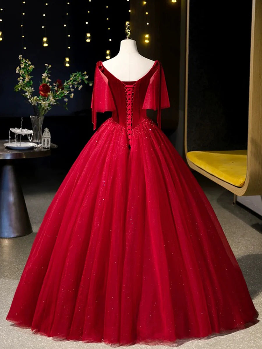 Burgundy Velvet Tulle Floor Length Formal Dress, Burgundy A-Line Evening Party Dress TP243