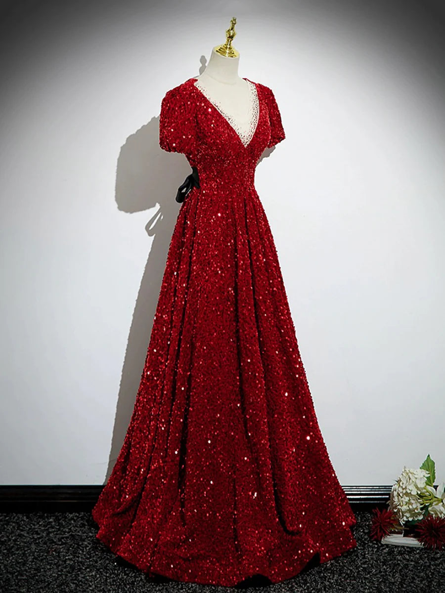 Burgundy V-Neck Sequins Long Prom Dress, A-Line Evening Party Dress with Bow TP244