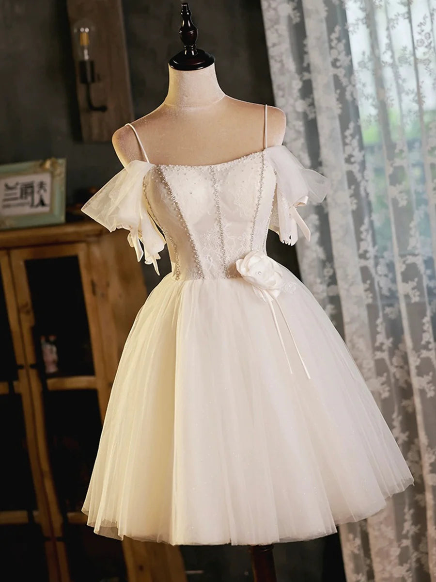 Light Champagne Spaghetti Strap Tulle Party Dress, Beautiful A-Line Evening Prom Dress TP245