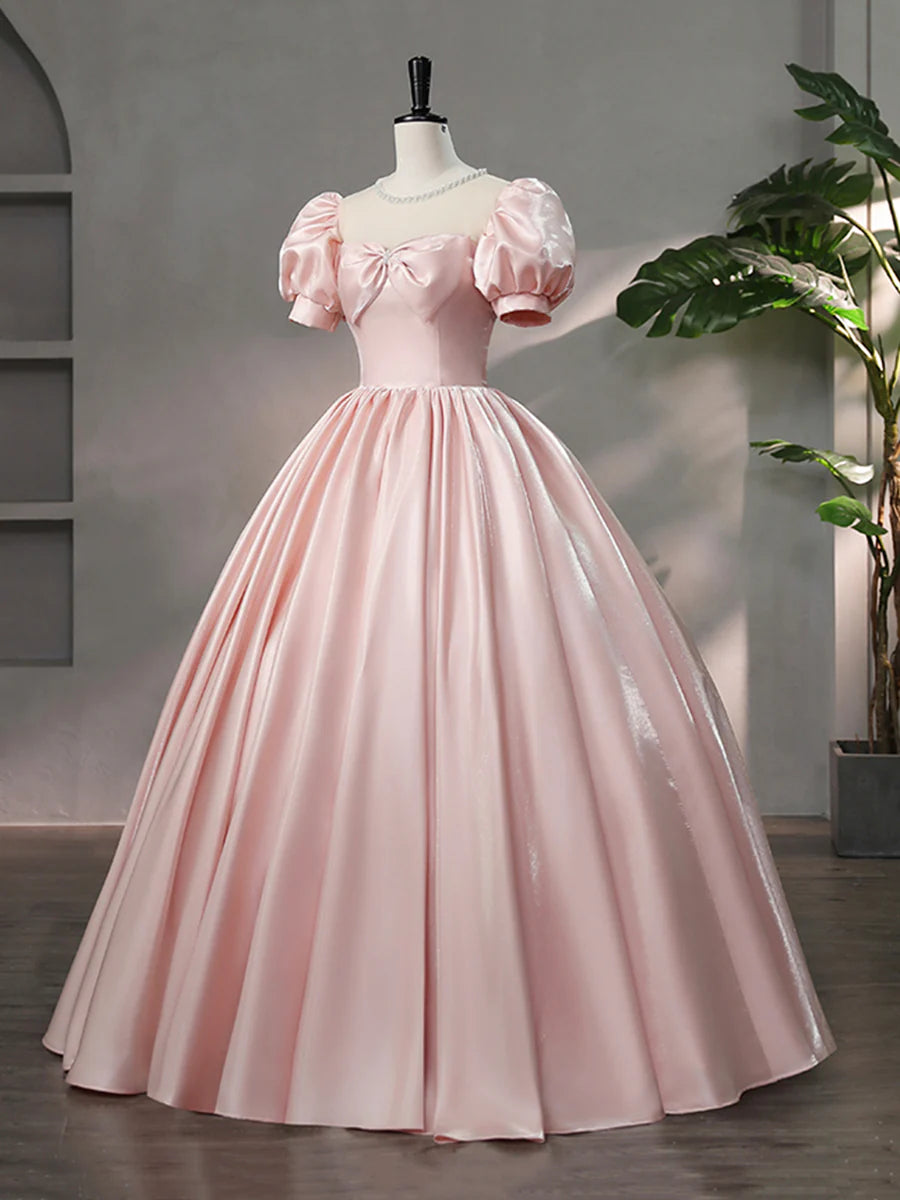 Beautiful Pink Scoop Neck Satin Floor Length Prom Dress, A-Line Short Sleeve Evening Dress with Bow  TP258