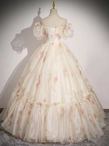 Champagne Floral Tulle Long Prom Dress, Beautiful Short Sleeve A-Line Evening Party Dress  TP259