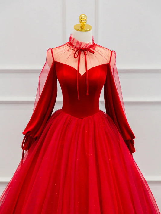 Red Velvet Tulle Floor Length Prom Dress, Beautiful Long Sleeve Evening Party Dress  TP263