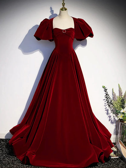 Burgundy Velvet Floor Length Prom Dress, Beautiful Open Back Evening Dress with Pearls  TP266