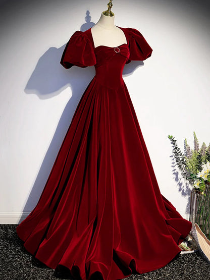 Burgundy Velvet Floor Length Prom Dress, Beautiful Open Back Evening Dress with Pearls  TP266