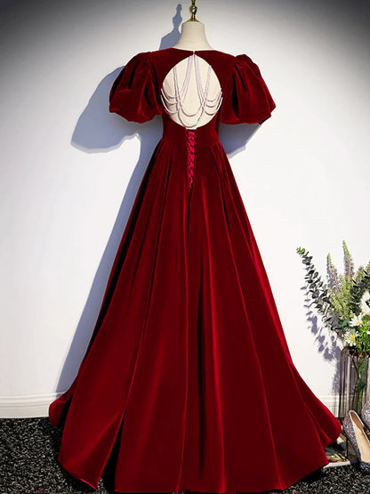 Burgundy Velvet Floor Length Prom Dress, Beautiful Open Back Evening Dress with Pearls  TP266