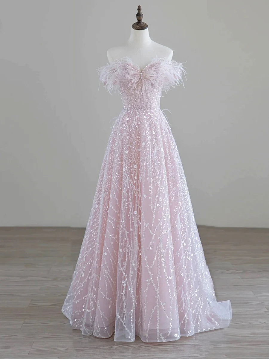 Sparkling Tulle Sequin Long Prom Dress, Off the Shoulder Pink Evening Party Dress  TP267