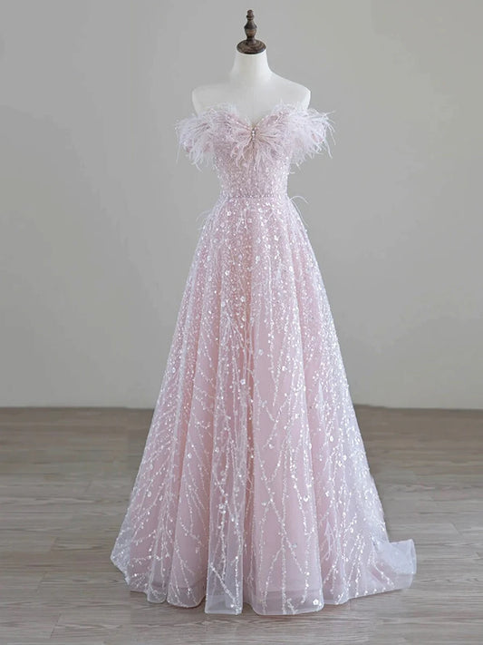 Sparkling Tulle Sequin Long Prom Dress, Off the Shoulder Pink Evening Party Dress  TP267