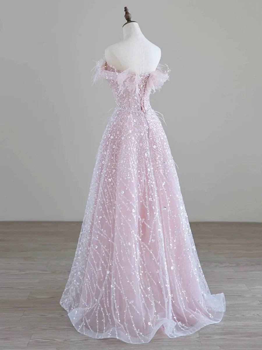 Sparkling Tulle Sequin Long Prom Dress, Off the Shoulder Pink Evening Party Dress  TP267