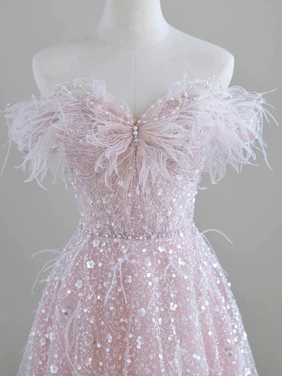 Sparkling Tulle Sequin Long Prom Dress, Off the Shoulder Pink Evening Party Dress  TP267