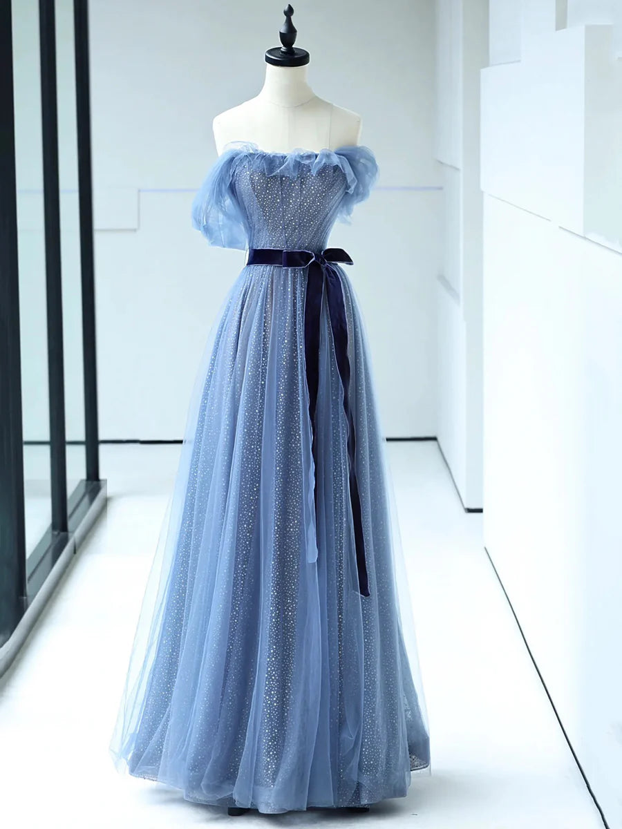 Strapless Tulle Blue Floor Length Prom Dress, A-Line Blue Evening Party Dress  TP286