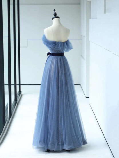 Strapless Tulle Blue Floor Length Prom Dress, A-Line Blue Evening Party Dress  TP286