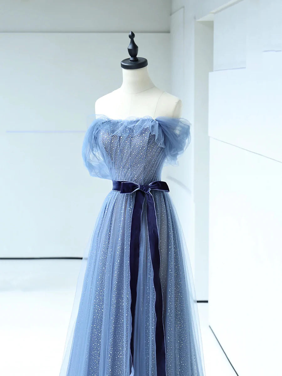 Strapless Tulle Blue Floor Length Prom Dress, A-Line Blue Evening Party Dress  TP286