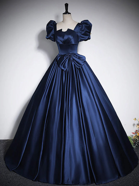 Elegant Blue Satin Floor-Length Prom Dresses, Square Neckline Puffy Short Sleeve Bow Formal Dresses  TP291