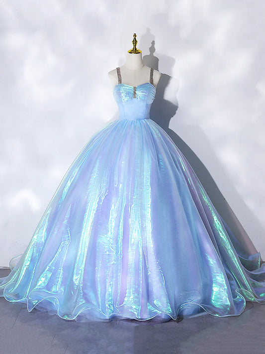 Beautiful Shiny Blue Tulle Long Formal Dress, A-Line Spaghetti Strap Sweetheart Princess Dress  TP292