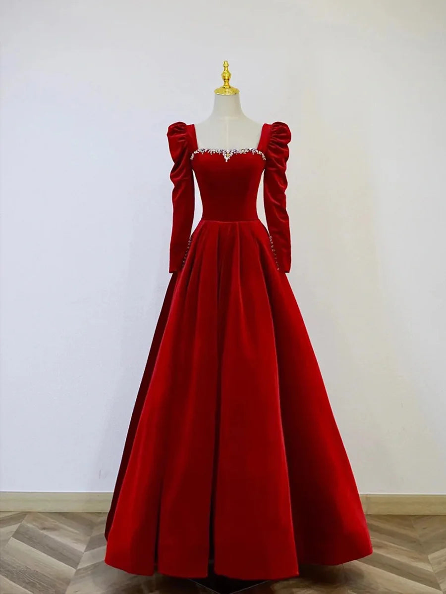 A-Line Long Sleeve Velvet Floor Length Prom Dress, Burgundy Formal Evening Dress  TP298