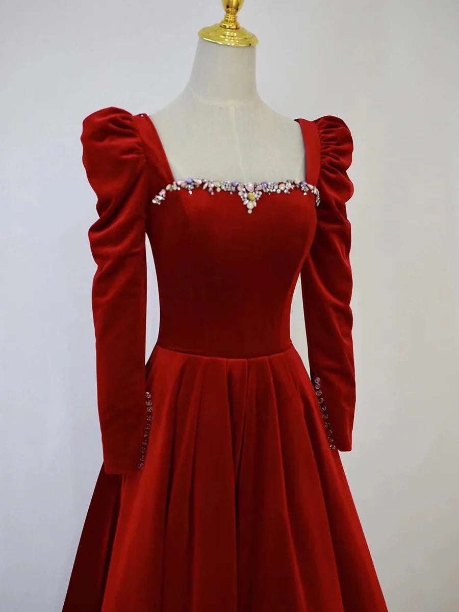 A-Line Long Sleeve Velvet Floor Length Prom Dress, Burgundy Formal Evening Dress  TP298