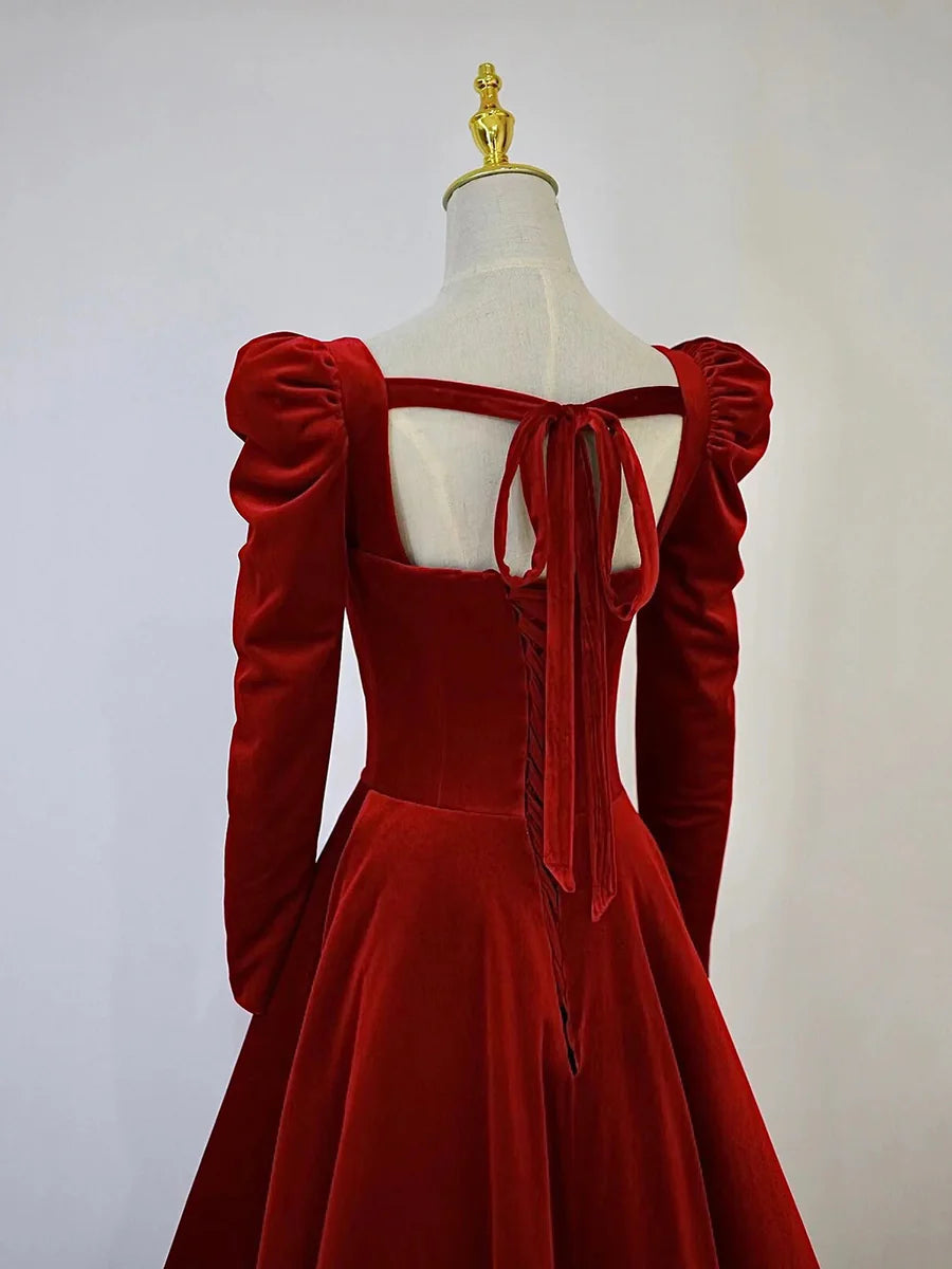 A-Line Long Sleeve Velvet Floor Length Prom Dress, Burgundy Formal Evening Dress  TP298