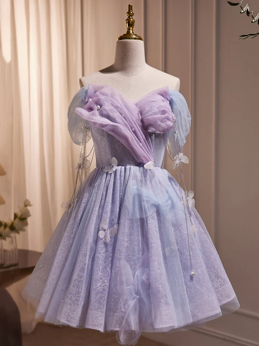 Purple Tulle Knee Length Birthday Party Formal Dress, Off the Shoulder Purple Prom Dress TP300