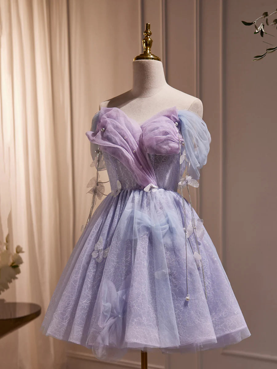 Purple Tulle Knee Length Birthday Party Formal Dress, Off the Shoulder Purple Prom Dress TP300