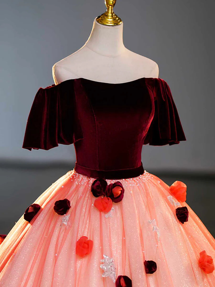 Burgundy Velvet Tulle Long Formal Dress, Off the Shoulder Sweet Flower Party Dress  TP301