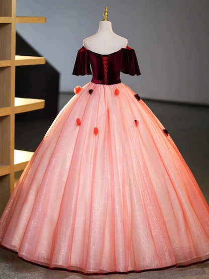 Burgundy Velvet Tulle Long Formal Dress, Off the Shoulder Sweet Flower Party Dress  TP301