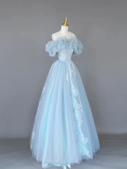 Light Blue Tulle Lace Long Prom Dress, Beautiful Off Shoulder Evening Party Dress  TP303