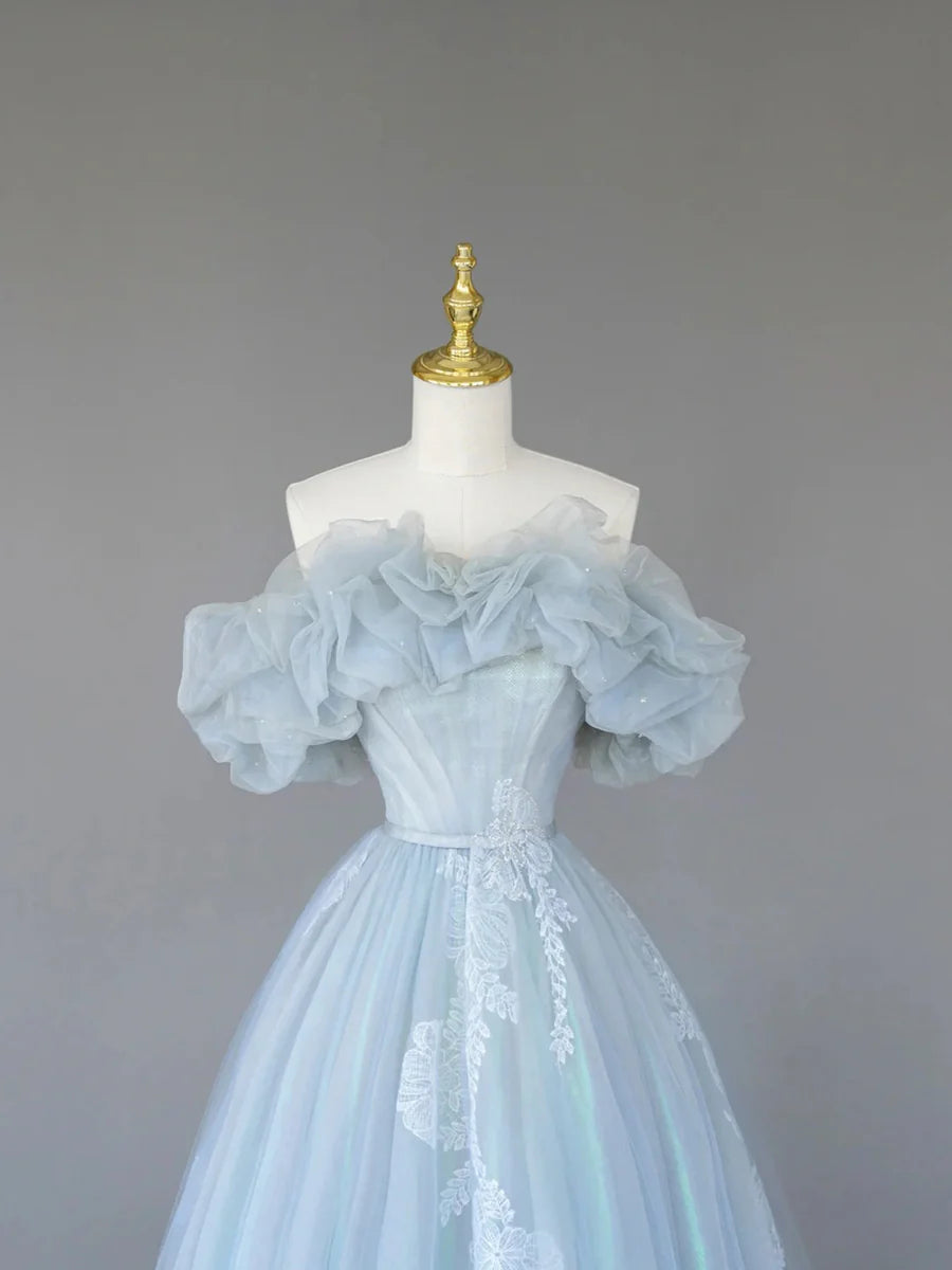 Light Blue Tulle Lace Long Prom Dress, Beautiful Off Shoulder Evening Party Dress  TP303