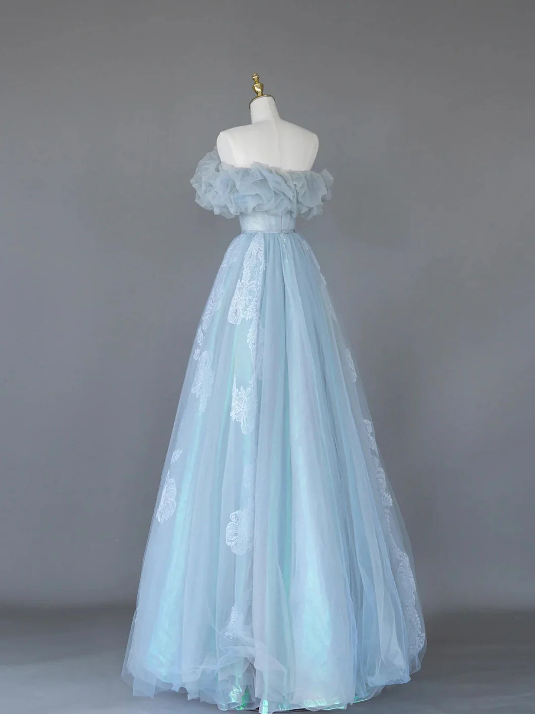 Light Blue Tulle Lace Long Prom Dress, Beautiful Off Shoulder Evening Party Dress  TP303