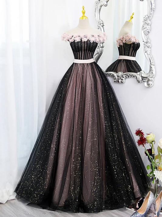 Black Tulle and Pink Flowers Party Dress, Black Off Shoulder Sweet 16 Dress  TP314