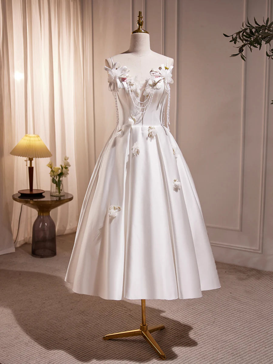 White Spaghetti Strap Satin Short Prom Dress, White V-Neck Evening Party Dress TP316