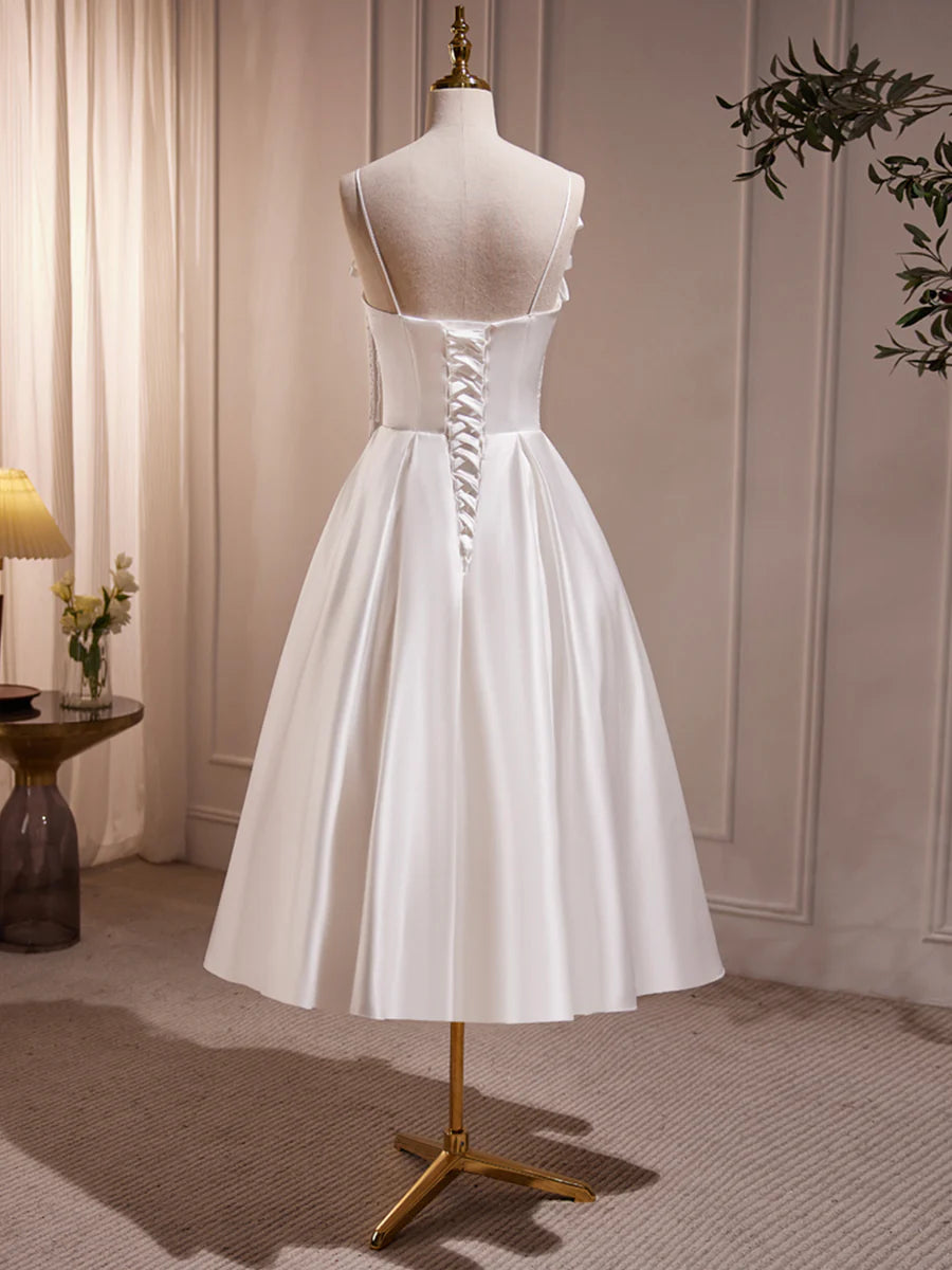 White Spaghetti Strap Satin Short Prom Dress, White V-Neck Evening Party Dress TP316