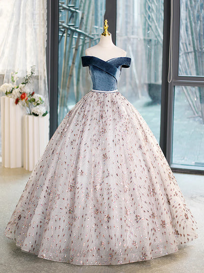 Blue Velvet and Tulle Long Prom Dress, Off Shoulder Evening Dress Party Dress  TP322