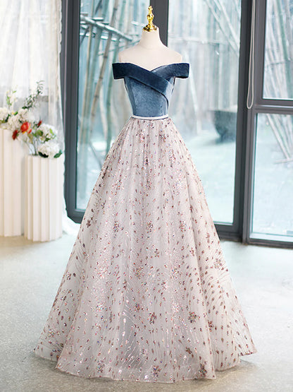 Blue Velvet and Tulle Long Prom Dress, Off Shoulder Evening Dress Party Dress  TP322