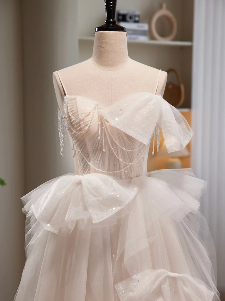 Light Champagne Tulle Long Princesse Dress, Lovely Spaghetti Straps Evening Party Dress  TP324