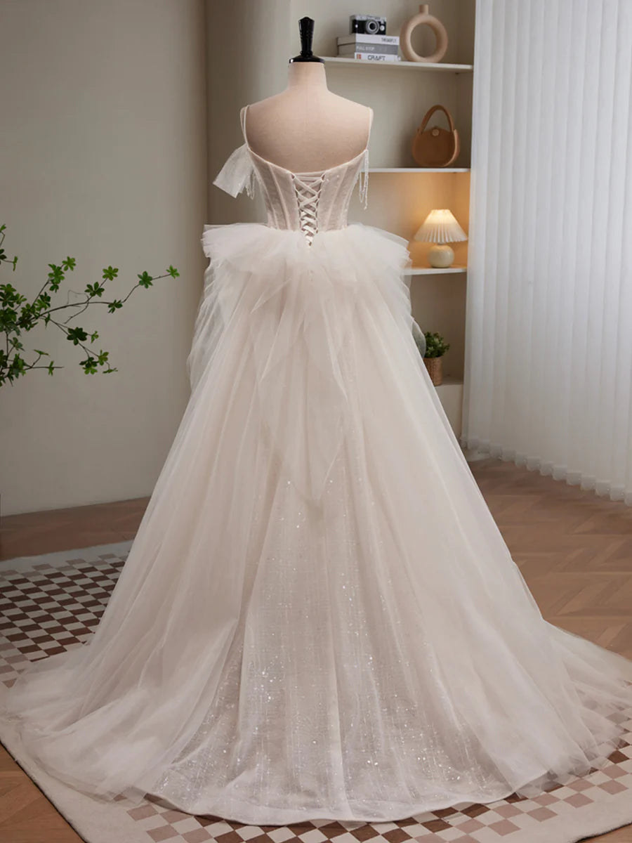 Light Champagne Tulle Long Princesse Dress, Lovely Spaghetti Straps Evening Party Dress  TP324