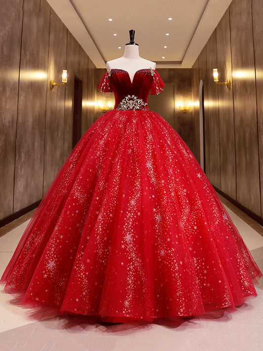 Burgundy Velvet Tulle Long Formal Dress, Burgundy Off Shoulder Prom Dress  TP326