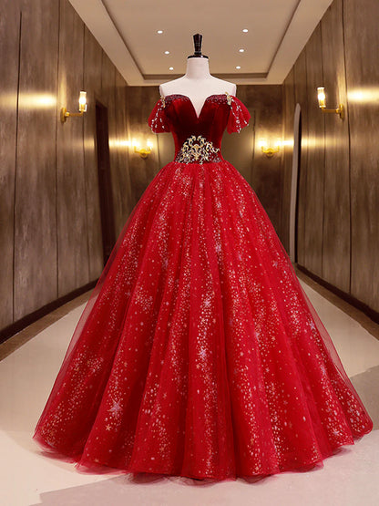 Burgundy Velvet Tulle Long Formal Dress, Burgundy Off Shoulder Prom Dress  TP326