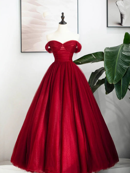 Burgundy Tulle Long Formal Dress, Off Shoulder Evening Dress Party Dress  TP339