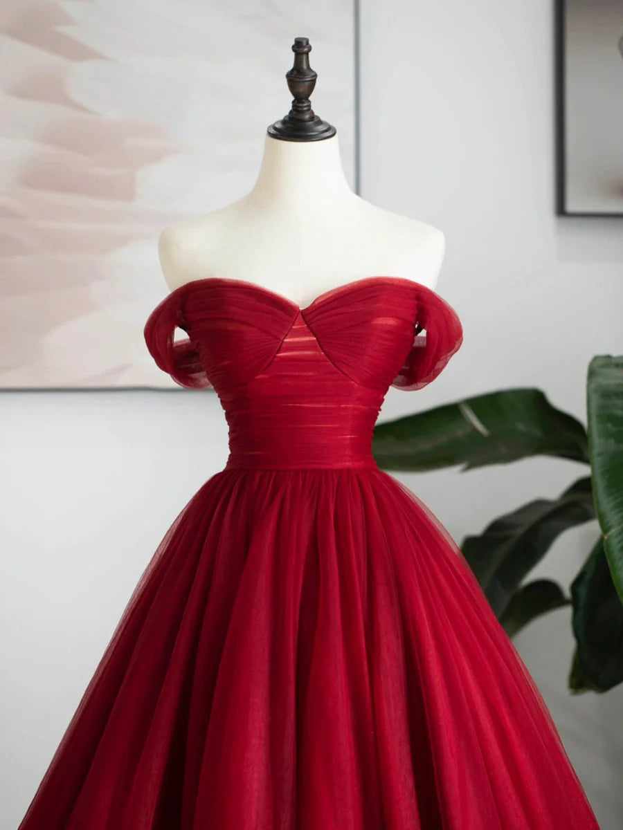 Burgundy Tulle Long Formal Dress, Off Shoulder Evening Dress Party Dress  TP339